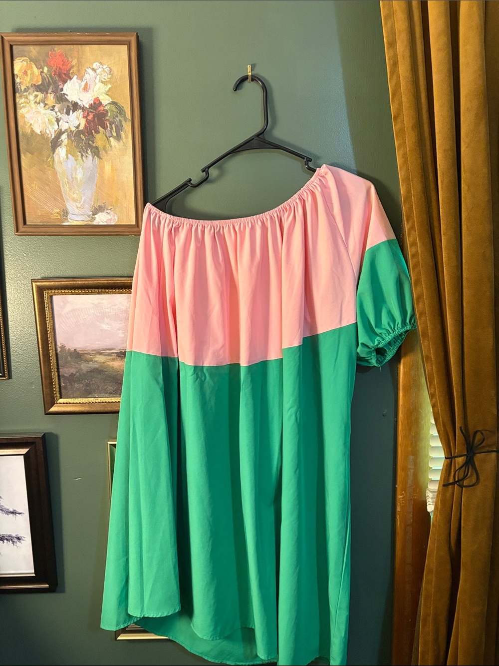 Women’s Pink and Green Off-Shoulder Swing Dress